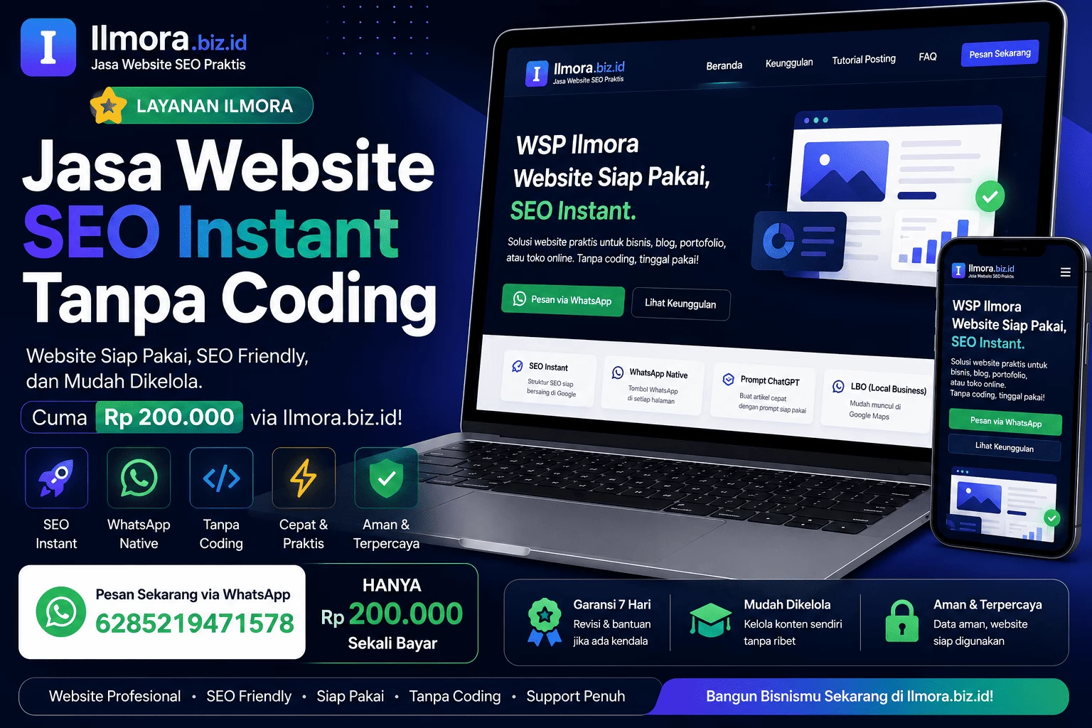 Jasa Website SEO Instan Tanpa Coding Ilmora Rp200.000 dengan Integrasi WhatsApp
